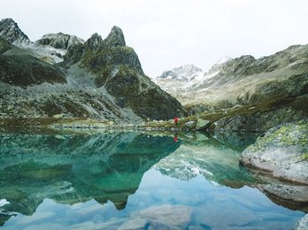 News from Sportalm Clear mountain lake with rocks and mountain reflection under cloudy sky