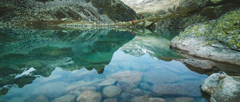 Pictures from Sportalm Clear mountain lake with rocks and mountain reflection under cloudy sky
