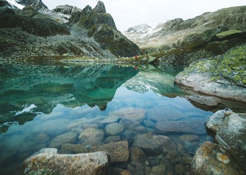 Pictures from Sportalm Clear mountain lake with rocks and mountain reflection under cloudy sky