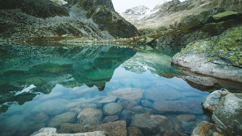 Bilder aus der Sportalm Klares Gebirgssee mit Felsen und Bergspiegelung unter bewölktem Himmel