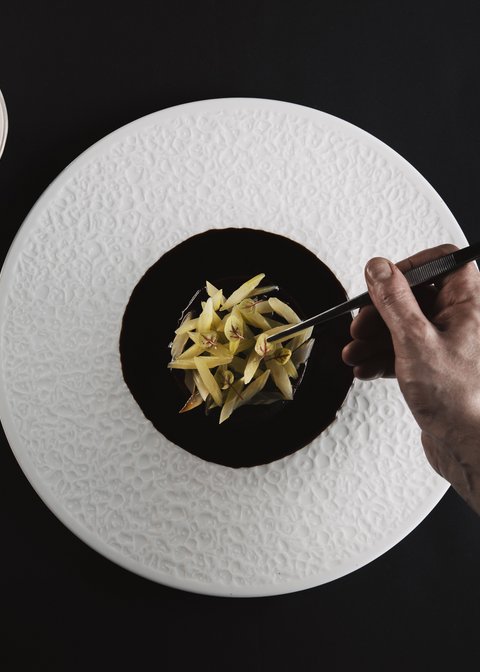 Bilder aus der Sportalm Hand richtet feines Gericht mit Pinzette auf weißem Teller an neben Schüssel mit lila Sauce