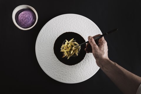 Bilder aus der Sportalm Hand richtet feines Gericht mit Pinzette auf weißem Teller an neben Schüssel mit lila Sauce