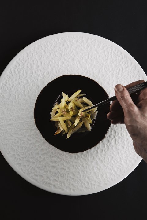 Pictures from Sportalm Hand plating fine dish with tweezers on white plate next to bowl with purple sauce