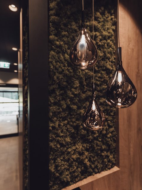 Pictures from Sportalm Modern teardrop pendant lights in hallway with moss-covered wall panel