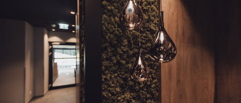Pictures from Sportalm Modern teardrop pendant lights in hallway with moss-covered wall panel
