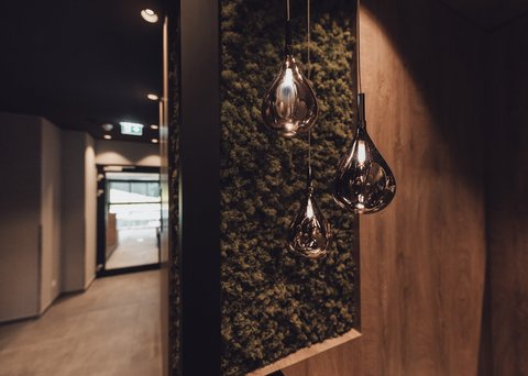 Pictures from Sportalm Modern teardrop pendant lights in hallway with moss-covered wall panel