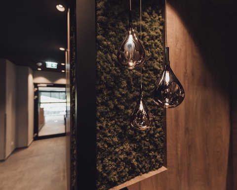 Pictures from Sportalm Modern teardrop pendant lights in hallway with moss-covered wall panel