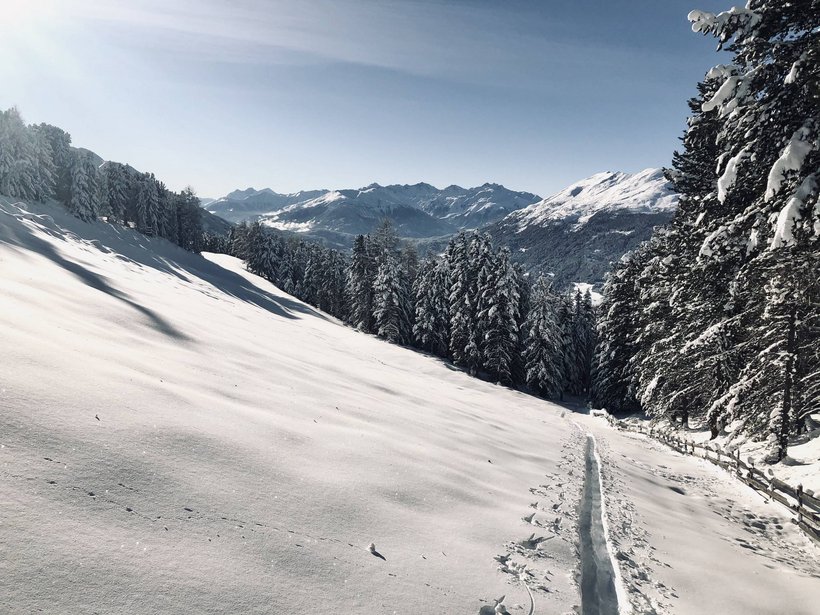 Active holidays at our sports hotel in Pitztal Snow-covered mountain landscape with forest and clear blue sky