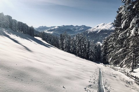 Pictures from Sportalm Snow-covered mountain landscape with forest and clear blue sky