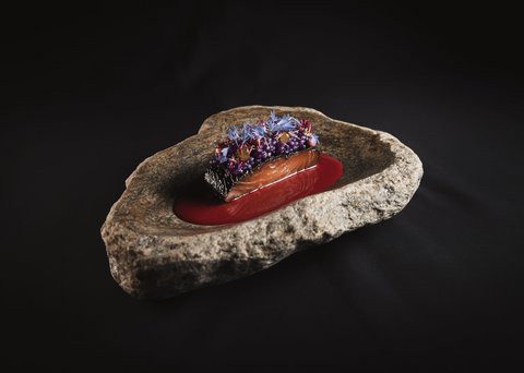 Pictures from Sportalm Gourmet salmon dish with red sauce and edible flowers on stone plate