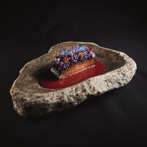 Pictures from Sportalm Gourmet salmon dish with red sauce and edible flowers on stone plate