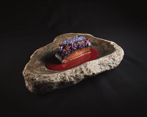 Bilder aus der Sportalm Fein angerichtetes Lachsgericht auf Felsenplatte mit roter Sauce und essbaren Blüten