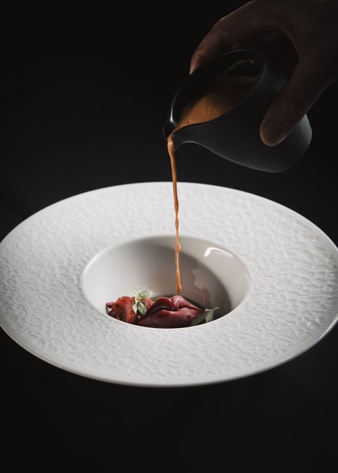 Pictures from Sportalm Sauce poured over gourmet garnish in a decorative white plate