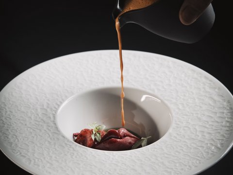 Pictures from Sportalm Sauce poured over gourmet garnish in a decorative white plate