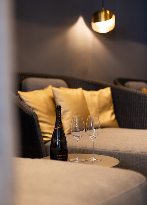 Cosy rooms in Pitztal Colesel bottle and two wine glasses on table in front of sofa with gold pillows