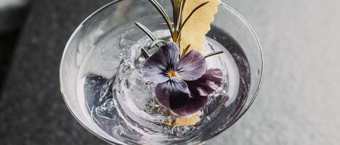 Bilder aus der Sportalm Cocktail mit Eis, Rosenblüte und Rosmarinzweig in Martiniglas
