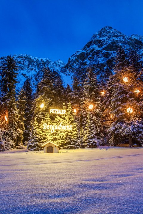 Pictures from Sportalm Illuminated Christmas trees in snow with mountain background at night