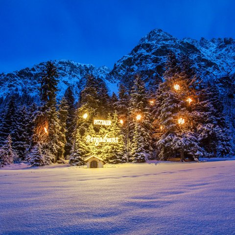 Bilder aus der Sportalm Beleuchtete Weihnachtsbäume im Schnee mit Bergkulisse bei Nacht