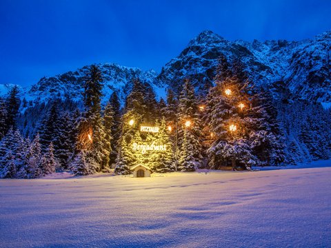 Bilder aus der Sportalm Beleuchtete Weihnachtsbäume im Schnee mit Bergkulisse bei Nacht