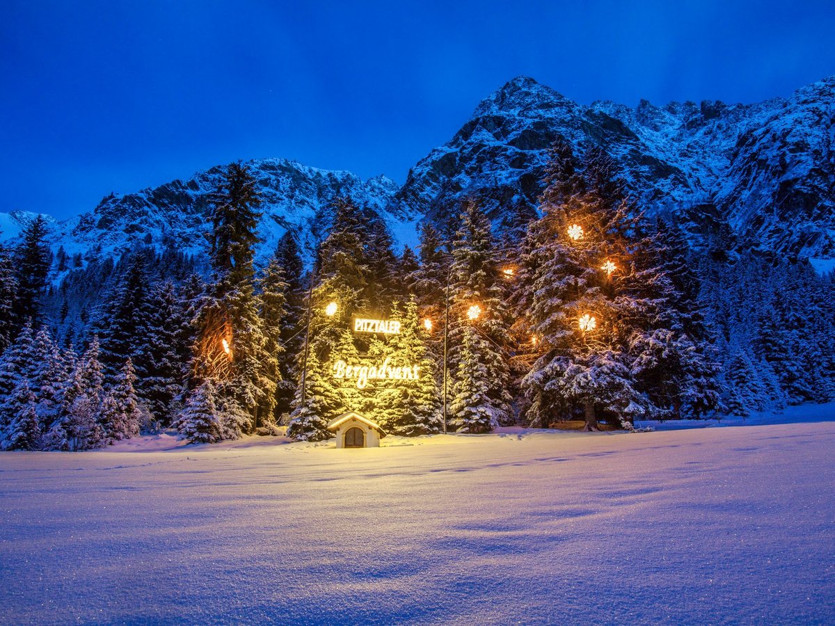 Active holidays at our sports hotel in Pitztal Illuminated Christmas trees in snow with mountain background at night