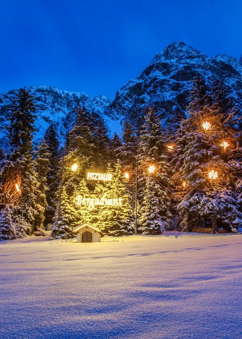 Bilder aus der Sportalm Beleuchtete Weihnachtsbäume im Schnee mit Bergkulisse bei Nacht