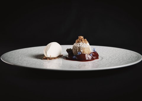 Pictures from Sportalm Elegant dessert with light ice cream and ball dusted with powdered sugar and red sauce