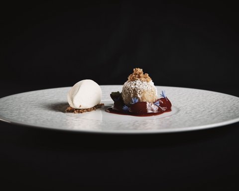 Bilder aus der Sportalm Feines Dessert mit hellem Eis und Kugel mit Puderzucker und roter Sauce