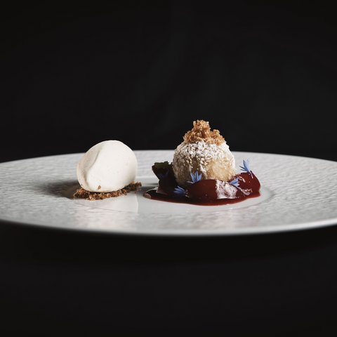 Bilder aus der Sportalm Feines Dessert mit hellem Eis und Kugel mit Puderzucker und roter Sauce