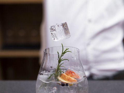 Pictures from Sportalm Ice cube dropped with tongs into a glass garnished with herbs and fruit