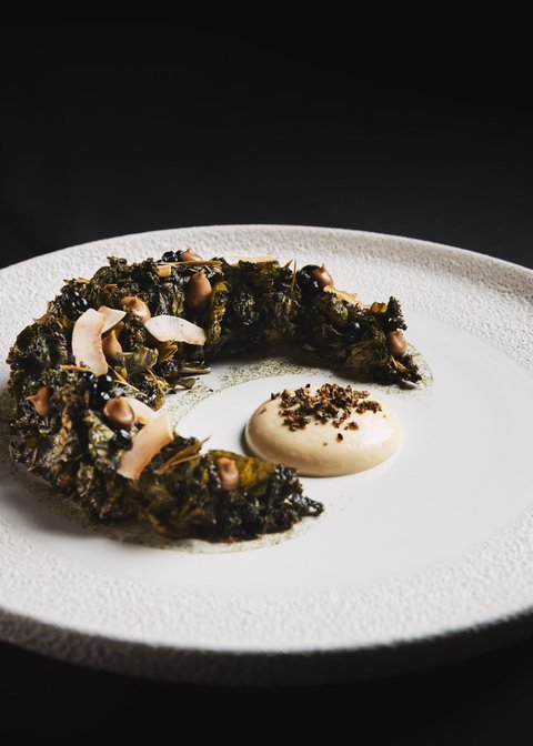 Bilder aus der Sportalm Kunstvoll angerichtetes Gericht mit einer grünen, kreisförmigen Komponente und Sauce auf weißem Teller