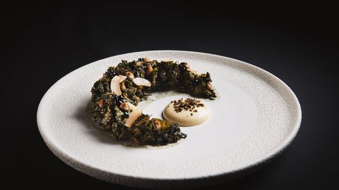 Bilder aus der Sportalm Kunstvoll angerichtetes Gericht mit einer grünen, kreisförmigen Komponente und Sauce auf weißem Teller