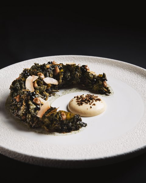 Bilder aus der Sportalm Kunstvoll angerichtetes Gericht mit einer grünen, kreisförmigen Komponente und Sauce auf weißem Teller