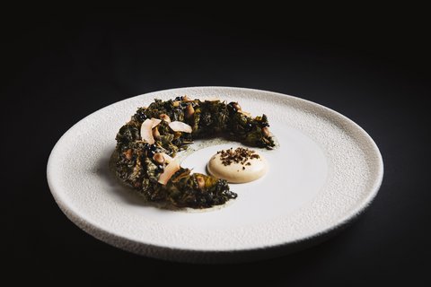 Bilder aus der Sportalm Kunstvoll angerichtetes Gericht mit einer grünen, kreisförmigen Komponente und Sauce auf weißem Teller