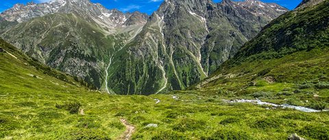 Pictures from Sportalm Hiking trail through green meadows towards tall mountains under blue sky