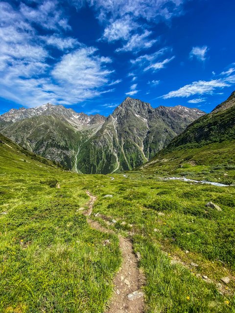 Bilder aus der Sportalm Wanderweg durch grüne Wiesen zu hohen Bergen unter blauem Himmel