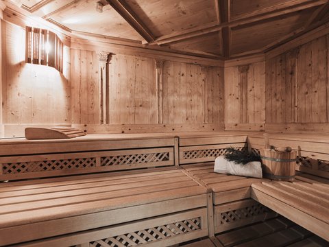 Pictures from Sportalm Wooden sauna with light, towel, bucket, and sauna whisk