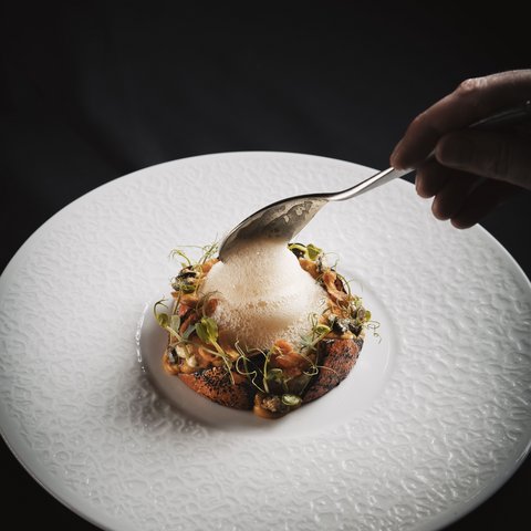 Bilder aus der Sportalm Fein angerichtetes Gericht mit Schaum auf weißem Teller vor schwarzem Hintergrund