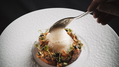 Bilder aus der Sportalm Fein angerichtetes Gericht mit Schaum auf weißem Teller vor schwarzem Hintergrund