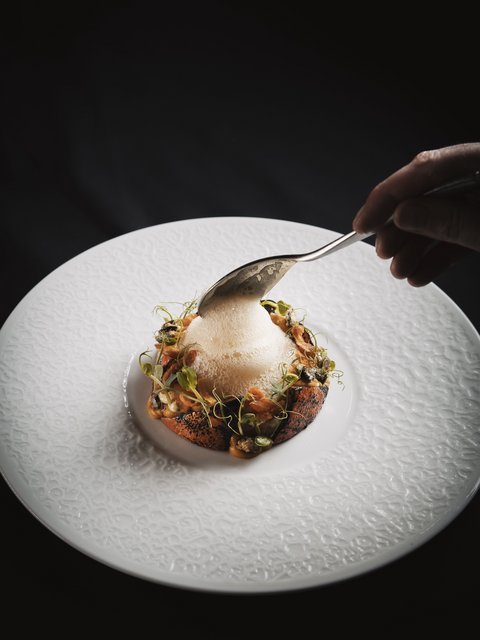 Bilder aus der Sportalm Fein angerichtetes Gericht mit Schaum auf weißem Teller vor schwarzem Hintergrund