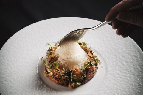 Pictures from Sportalm Fine dining dish with foam on white plate against black background