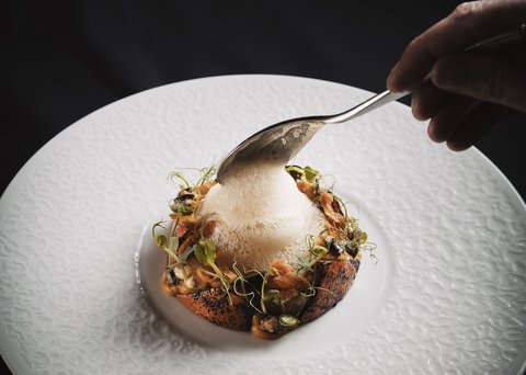 Bilder aus der Sportalm Fein angerichtetes Gericht mit Schaum auf weißem Teller vor schwarzem Hintergrund