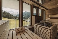 Wood-paneled sauna with view of mountains and grassy meadow
